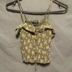 American Eagle Outfitters Womens Sleeveless Green Floral Ruffled Top Size Small
